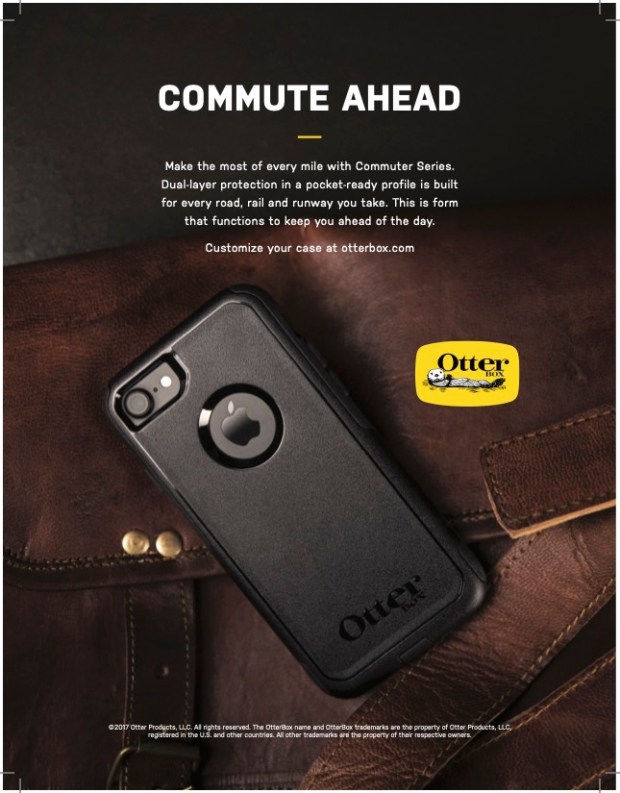 Photo of a print ad with black otterbox phone cases in front of a leather satchel with otterbox logo and commute ahead text