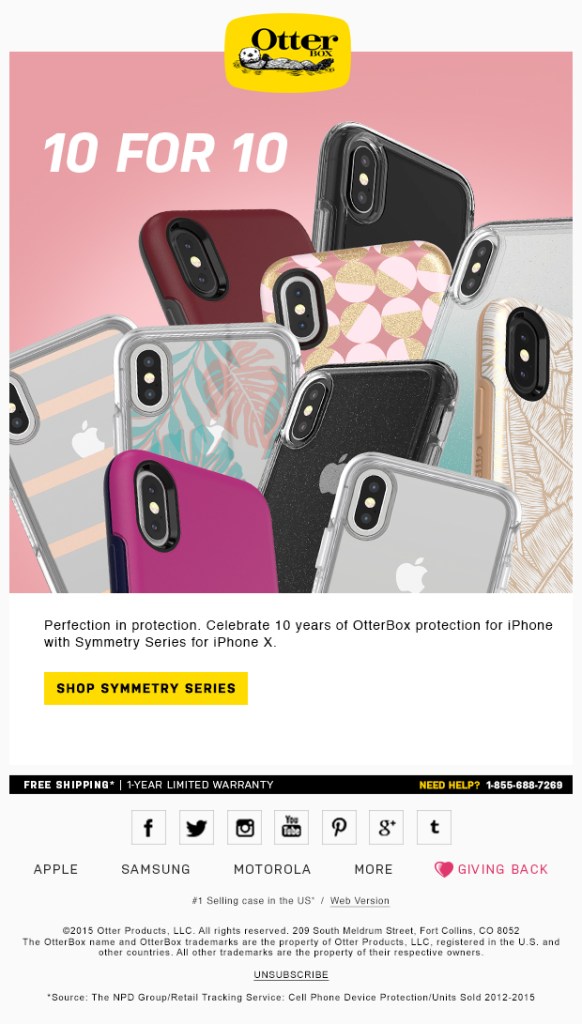 Otterbox Apple ad showing 10 phone cases from symmetry series 10 for 10 text