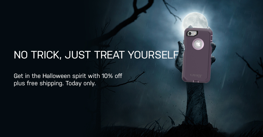 Apple halloween ad showing halloween hand coming out of ground holding iphone case with white text no tricks, just treat yourself iwht 10%off
