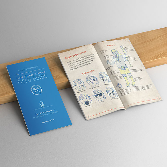 Wyolotto brochure photo on gray table with wooden stand